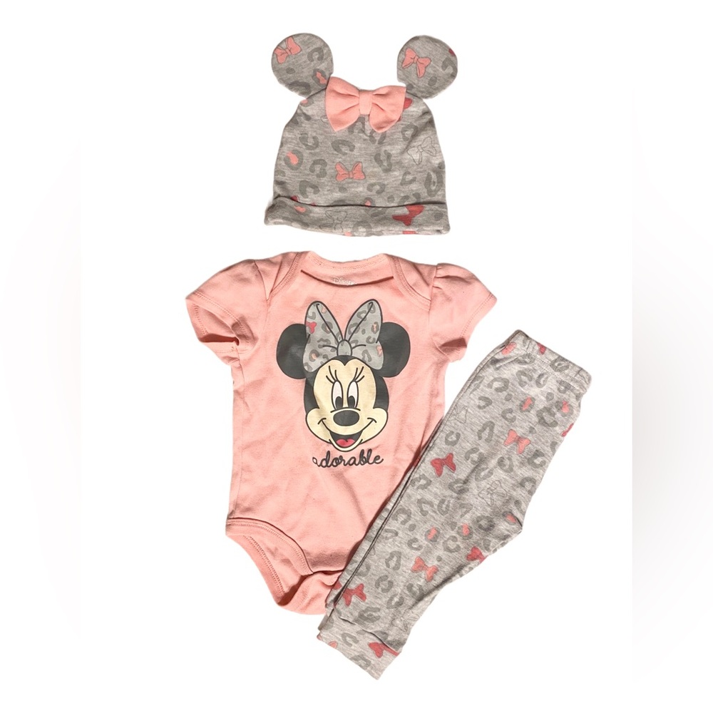 Disney Pink and Gray Minnie Mouse Matching 3 Piece Set Baby Size 6/9 Months